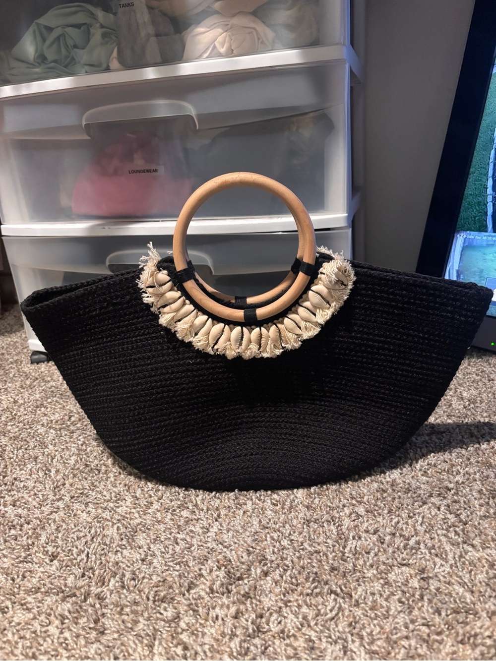 Black Straw Tote with Wooden Handles and Cream Tassel Trim
